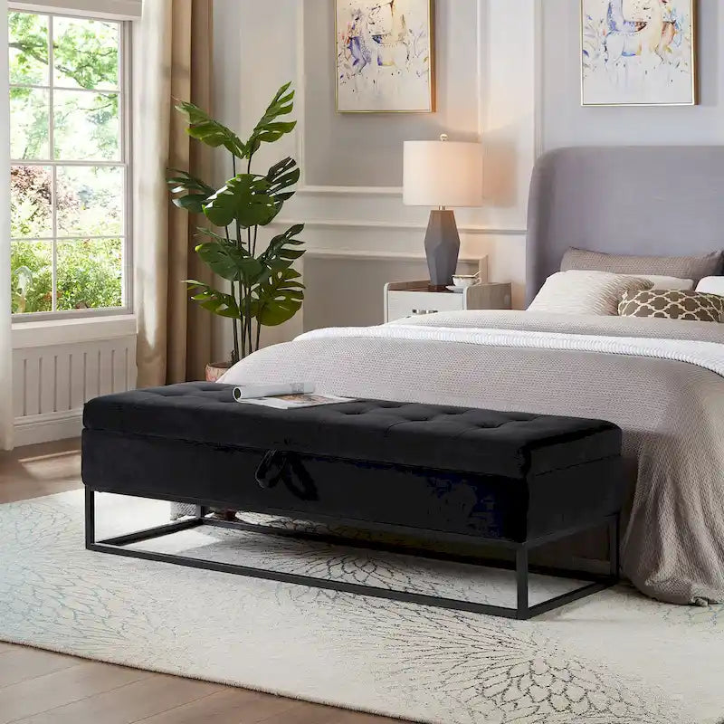 Velvet Upholstered Bed Storage Bench with Metal Base