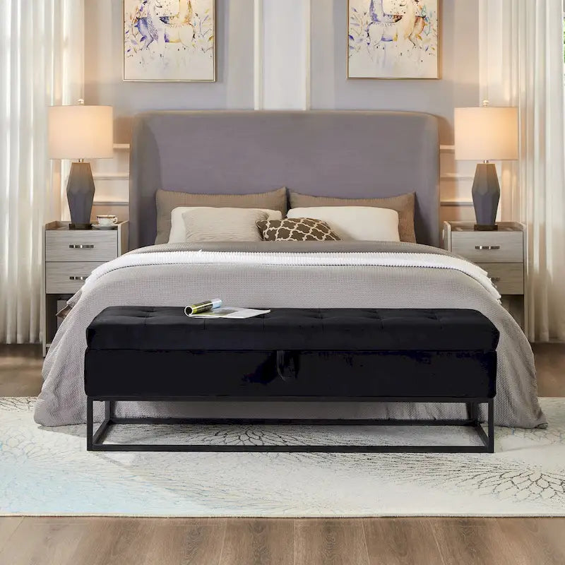 Banc de rangement de lit recouvert de velours avec base en métal