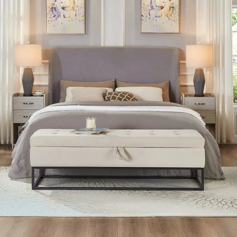 Banc de rangement de lit recouvert de velours avec base en métal