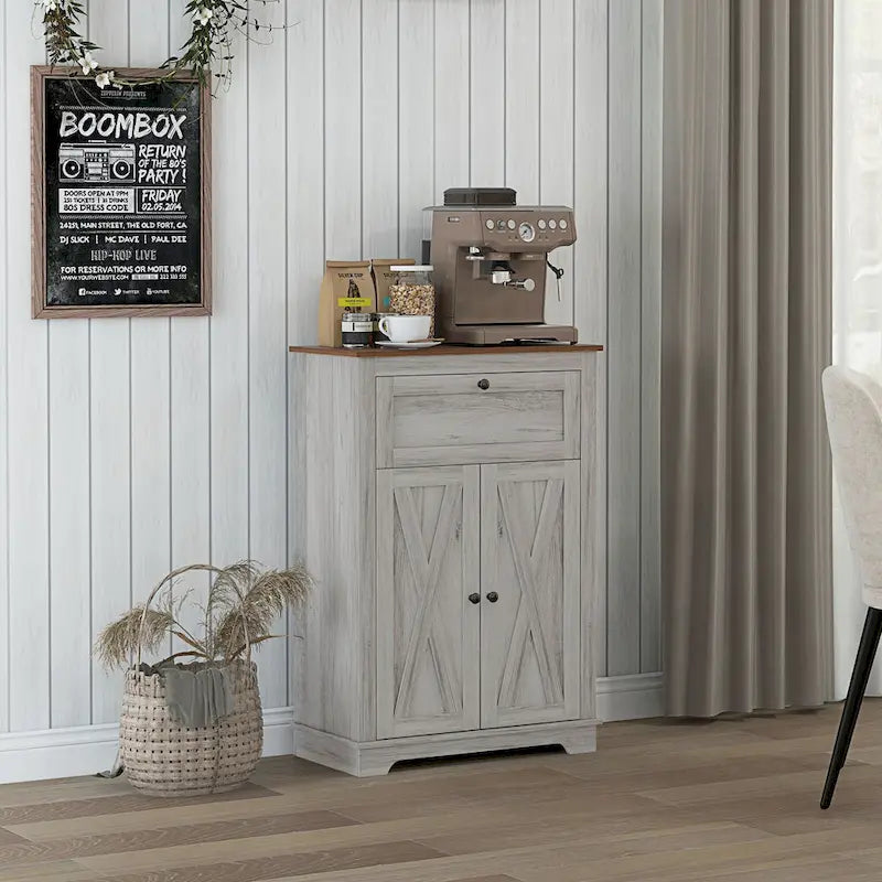 Meuble d'appoint style grange, buffet de cuisine avec double porte, tiroir et étagère réglable