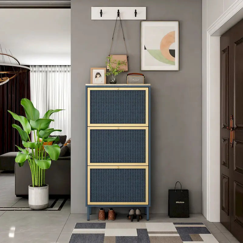 3 Metal Door Shoe Rack, Freestanding Modern Shoe Storage Cabinet, Metal rattan, for Entryway