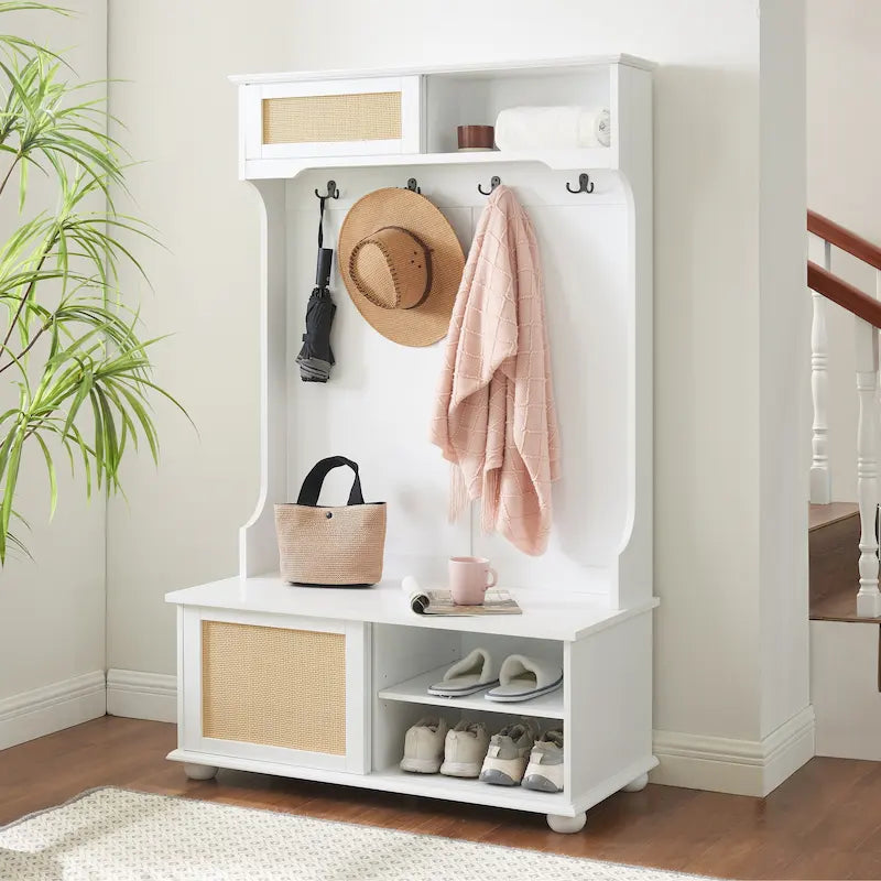 Porte-vêtements, banc de rangement, étagère à chaussures avec porte en rotin pour entrée
