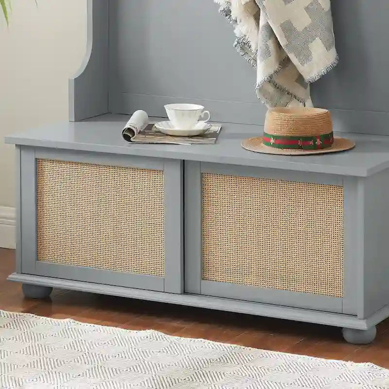 Porte-vêtements, banc de rangement, étagère à chaussures avec porte en rotin pour entrée
