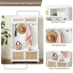 Porte-vêtements, banc de rangement, étagère à chaussures avec porte en rotin pour entrée