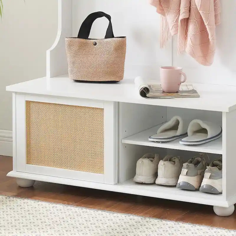 Porte-vêtements, banc de rangement, étagère à chaussures avec porte en rotin pour entrée