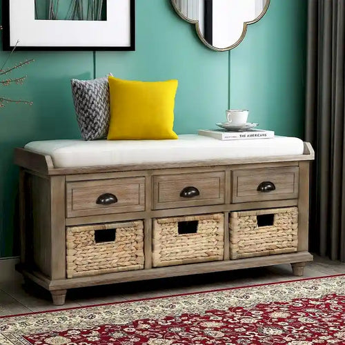 42.10 Farmhouse Versatile Entry Upholstered Storage Bench with 3 Drawers and 3 Rattan Baskets