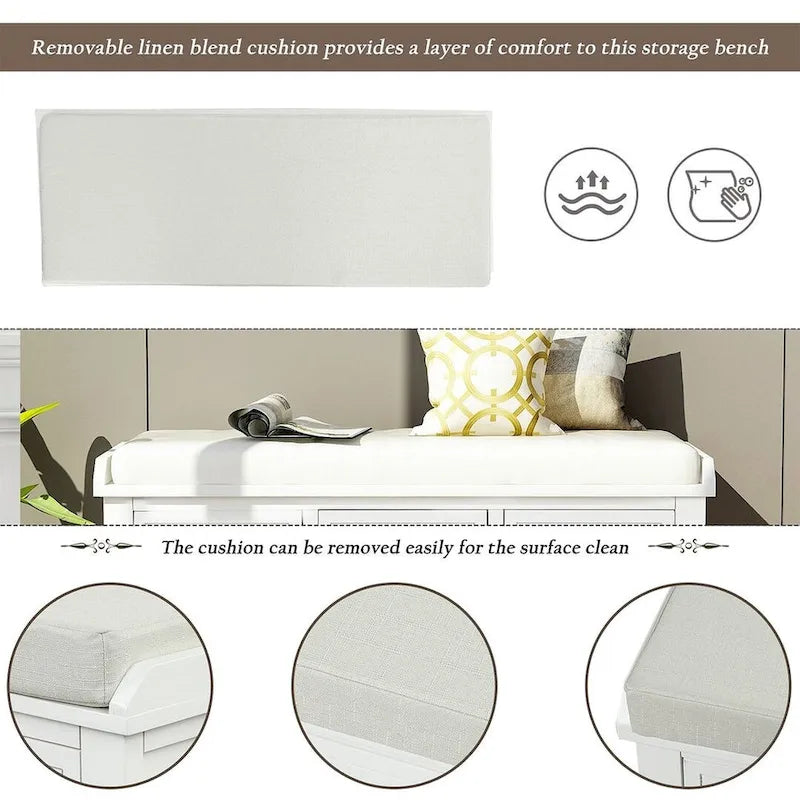 Banc de rangement rembourré polyvalent style ferme 42.10 avec 3 tiroirs et 3 paniers en rotin