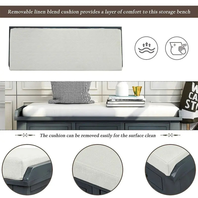 Banc de rangement rembourré polyvalent style ferme 42.10 avec 3 tiroirs et 3 paniers en rotin