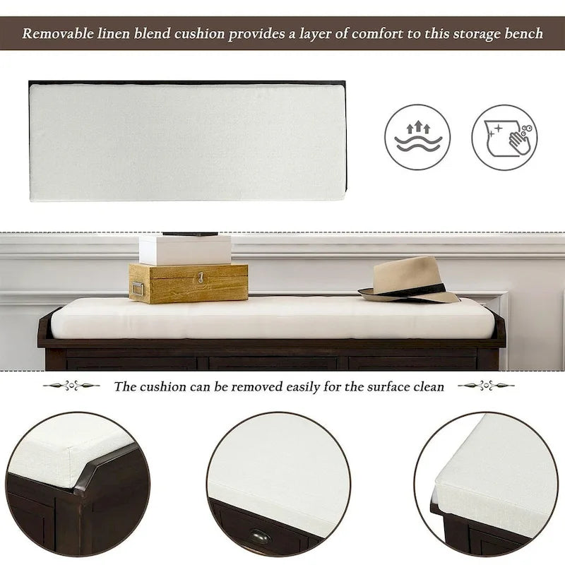 Banc de rangement rembourré polyvalent style ferme 42.10 avec 3 tiroirs et 3 paniers en rotin