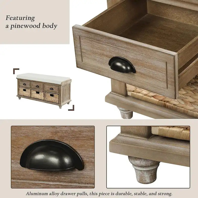 Banc de rangement rembourré polyvalent style ferme 42.10 avec 3 tiroirs et 3 paniers en rotin