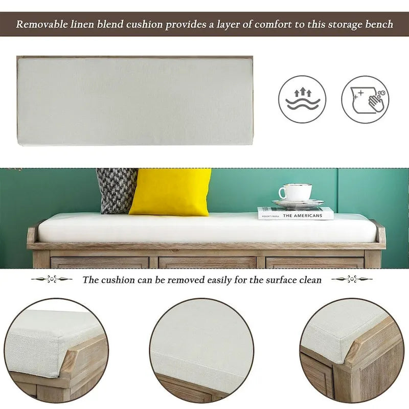 Banc de rangement rembourré polyvalent style ferme 42.10 avec 3 tiroirs et 3 paniers en rotin