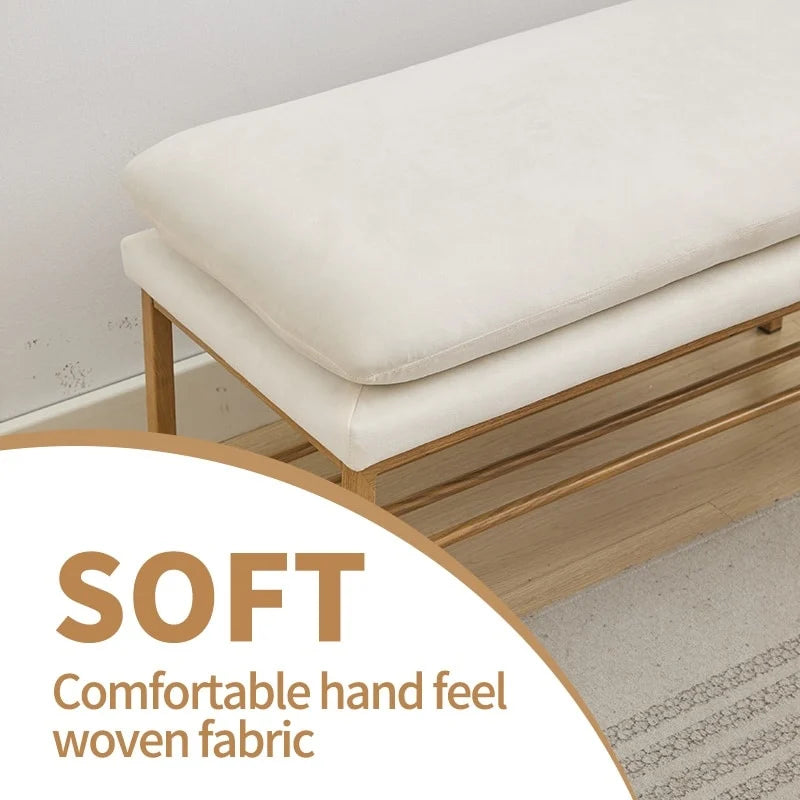 Banc de lit avec étagère, banc à chaussures de rangement recouvert de lin, banc de chambre avec pieds en métal, 136 kg