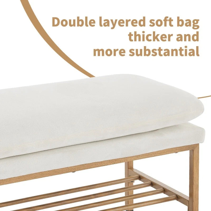 Banc de lit avec étagère, banc à chaussures de rangement recouvert de lin, banc de chambre avec pieds en métal, 136 kg