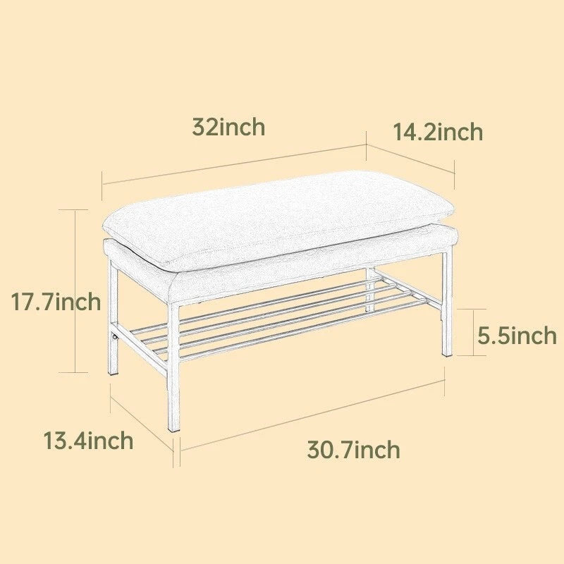 Banc de lit avec étagère, banc à chaussures de rangement recouvert de lin, banc de chambre avec pieds en métal, 136 kg