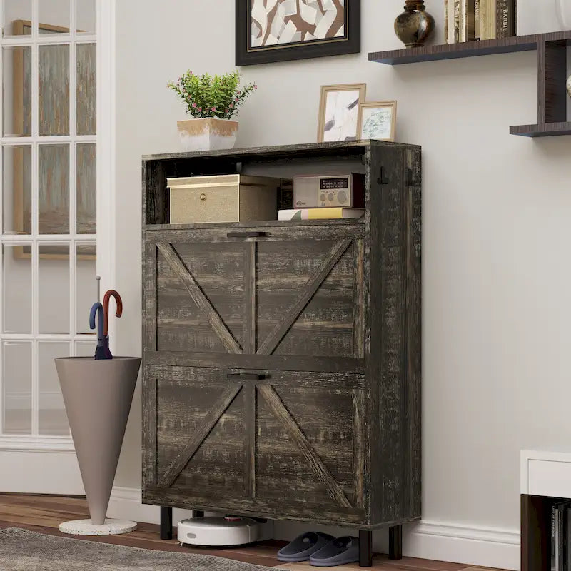 Meuble à chaussures de style campagnard avec portes coulissantes, organisateur de chaussures avec 2 tiroirs rabattables, meuble à chaussures étroit autoportant