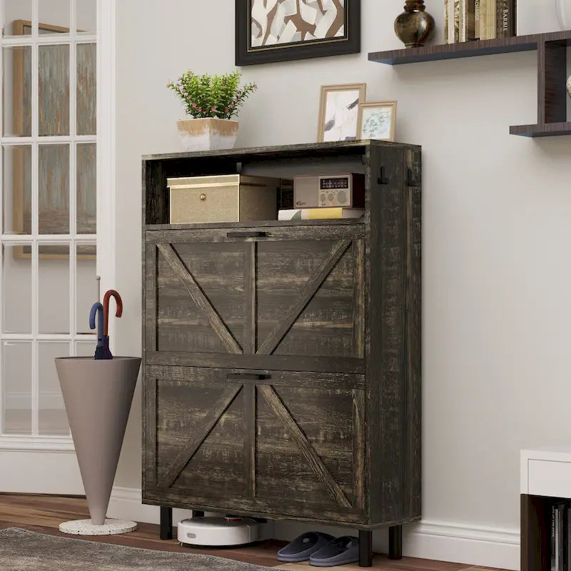 Farmhouse Shoe Storage Cabinet with Barn Door Design, Shoe Organizer with 2 Flip Drawers, Freestanding Narrow Shoe Rack Cabinet