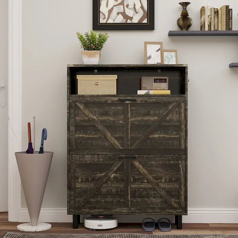 Meuble à chaussures de style campagnard avec portes coulissantes, organisateur de chaussures avec 2 tiroirs rabattables, meuble à chaussures étroit autoportant