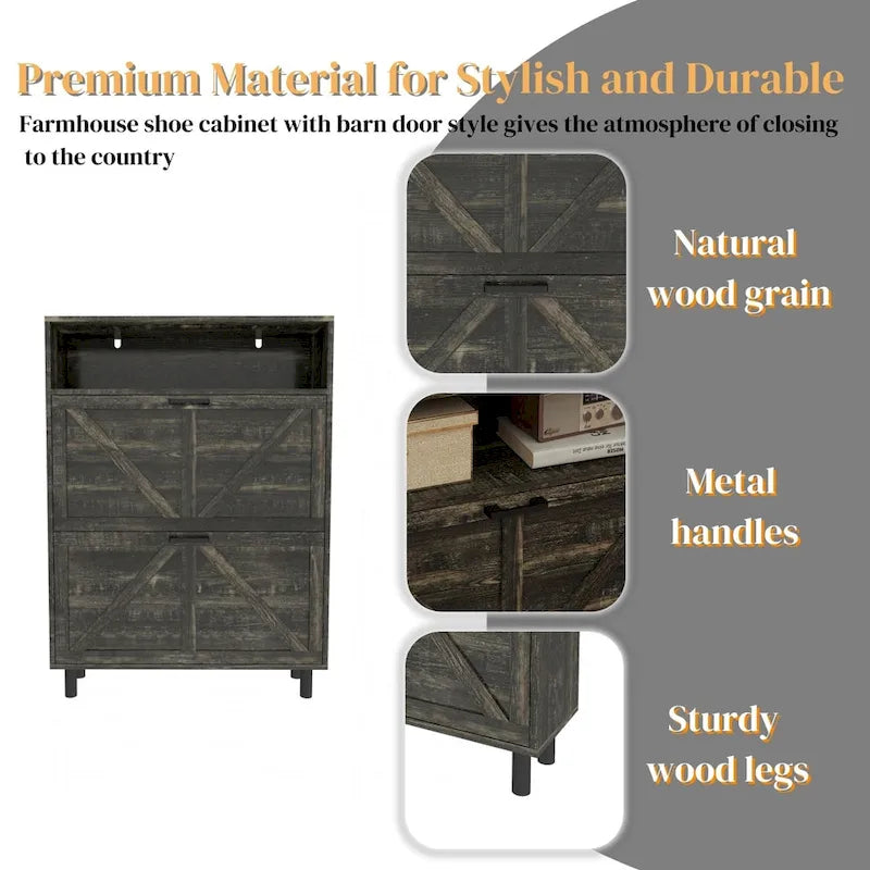 Meuble à chaussures de style campagnard avec portes coulissantes, organisateur de chaussures avec 2 tiroirs rabattables, meuble à chaussures étroit autoportant