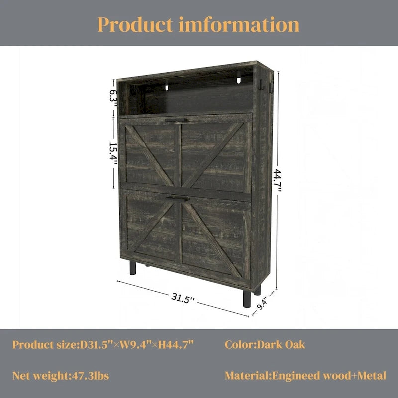 Meuble à chaussures de style campagnard avec portes coulissantes, organisateur de chaussures avec 2 tiroirs rabattables, meuble à chaussures étroit autoportant