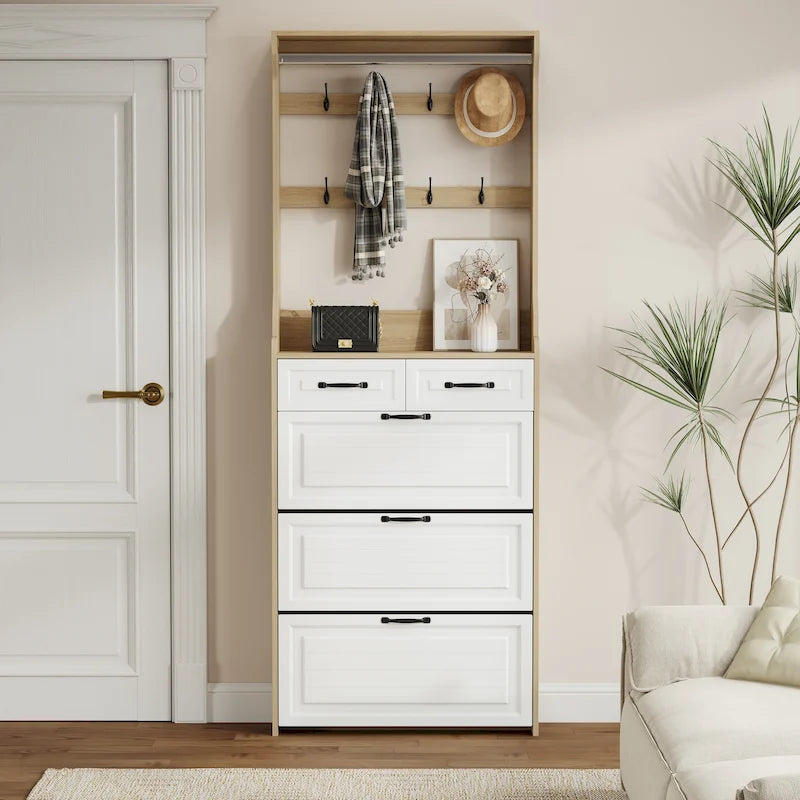Nouveau meuble à chaussures en bois, 3 portes et 2 tiroirs, équipé de cintres et d'un grand espace de rangement.