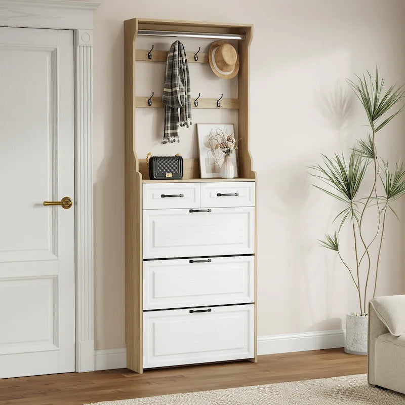 Nouveau meuble à chaussures en bois, 3 portes et 2 tiroirs, équipé de cintres et d'un grand espace de rangement.