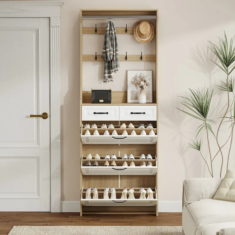 Nouveau meuble à chaussures en bois, 3 portes et 2 tiroirs, équipé de cintres et d'un grand espace de rangement.