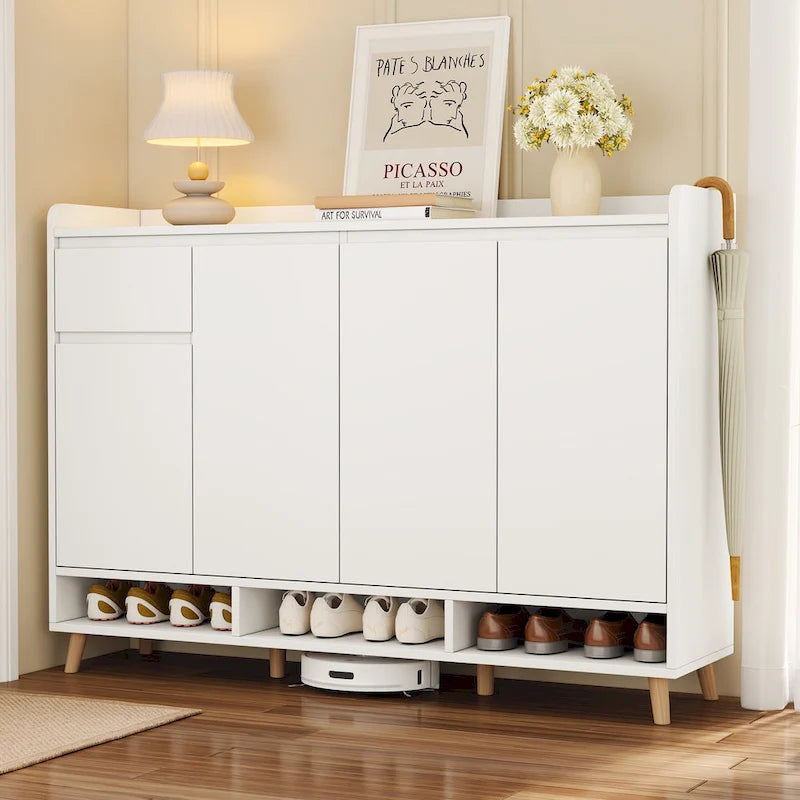 Sleek and Contemporary Shoe Cabinet with Adjustable Shelves, Minimalist Home Organizer with Solid Wood Legs