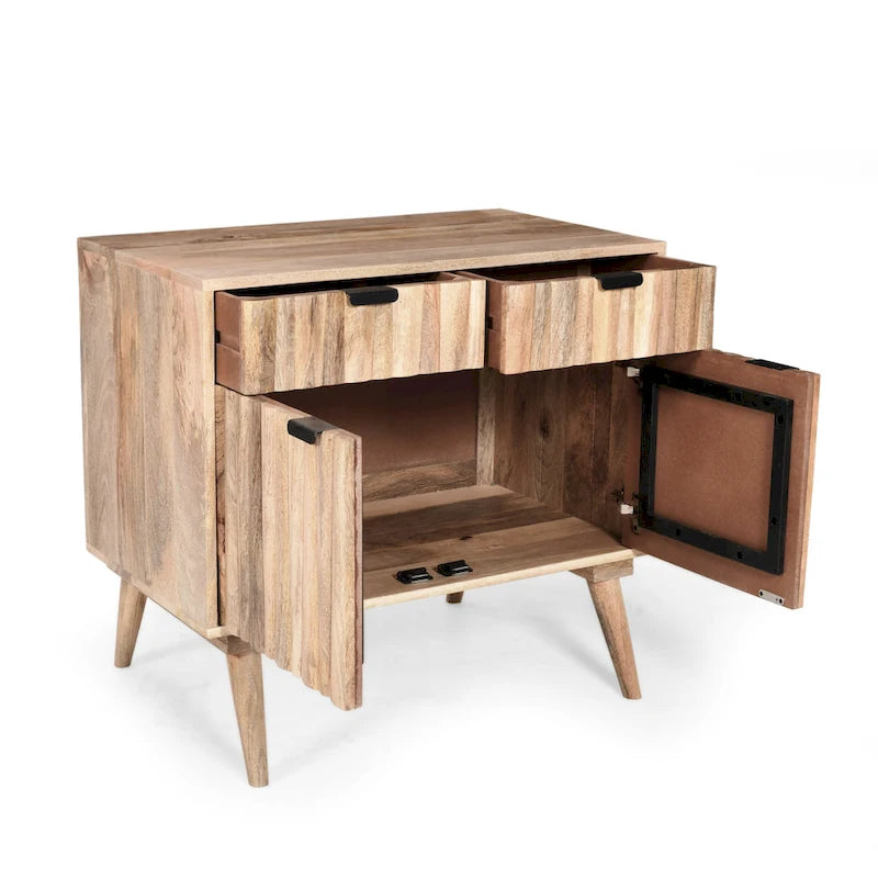 Meuble Latimer de style moderne du milieu du siècle, fabriqué à la main en bois de manguier, avec 2 tiroirs et 2 portes, par Christopher Knight Home