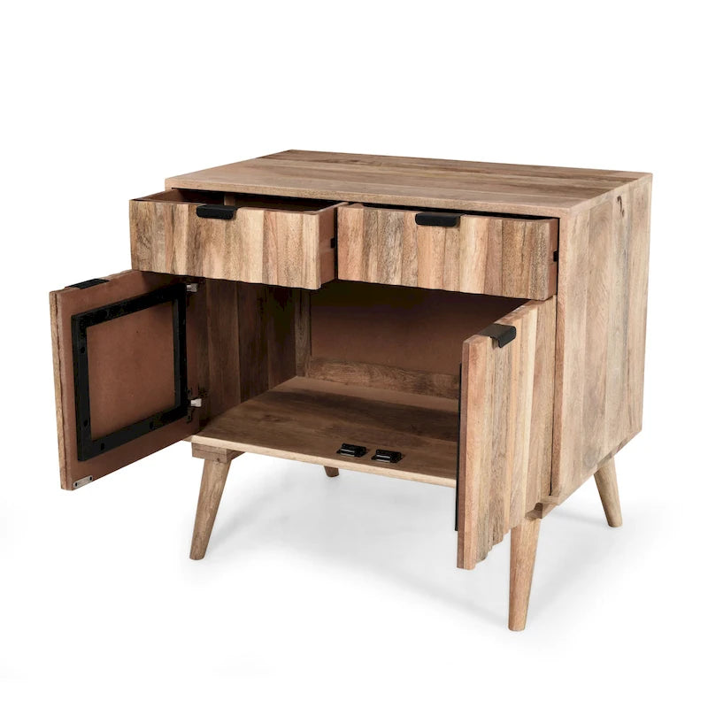 Meuble Latimer de style moderne du milieu du siècle, fabriqué à la main en bois de manguier, avec 2 tiroirs et 2 portes, par Christopher Knight Home