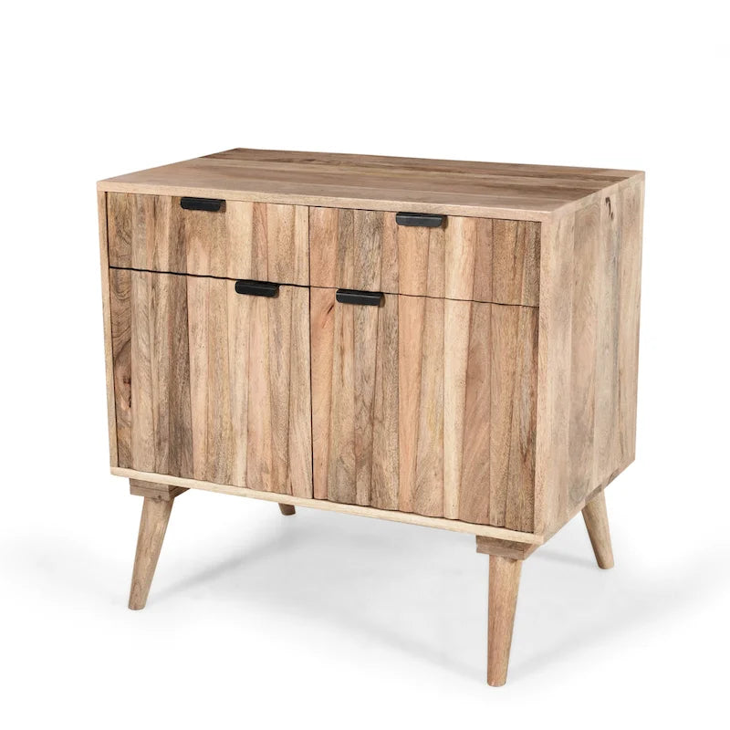 Meuble Latimer de style moderne du milieu du siècle, fabriqué à la main en bois de manguier, avec 2 tiroirs et 2 portes, par Christopher Knight Home