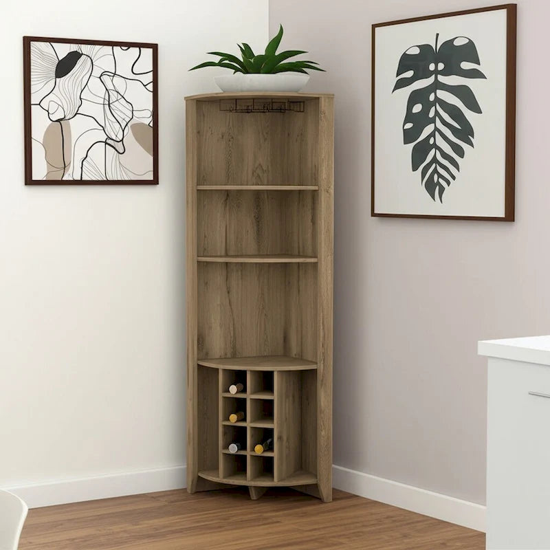 HomeRoots 71 Light Brown Wood Corner Bar Cabinet