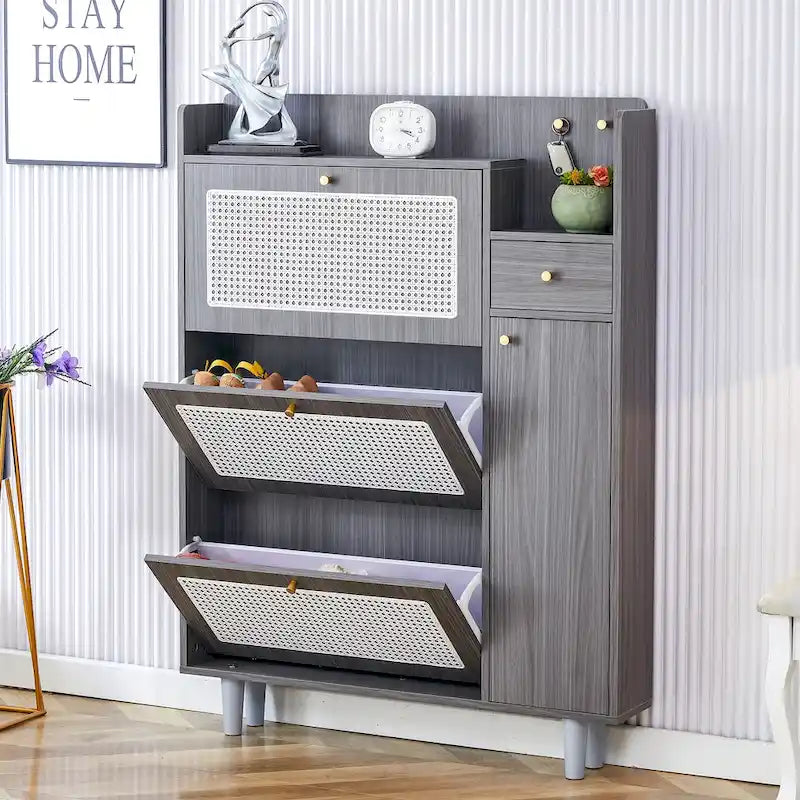 Organizer Shoe Cabinet Storage with Rattan Doors & Adjustable Shelves, Modern Hidden Shoe Rack with 3 Flip Drawers