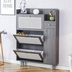 Organizer Shoe Cabinet Storage with Rattan Doors & Adjustable Shelves, Modern Hidden Shoe Rack with 3 Flip Drawers