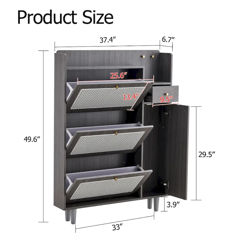 Meuble de rangement à chaussures avec portes en rotin et étagères réglables, étagère à chaussures moderne dissimulée avec 3 tiroirs rabattables