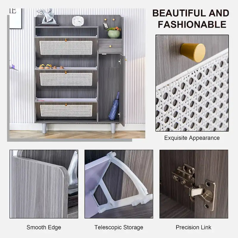 Meuble de rangement à chaussures avec portes en rotin et étagères réglables, étagère à chaussures moderne dissimulée avec 3 tiroirs rabattables