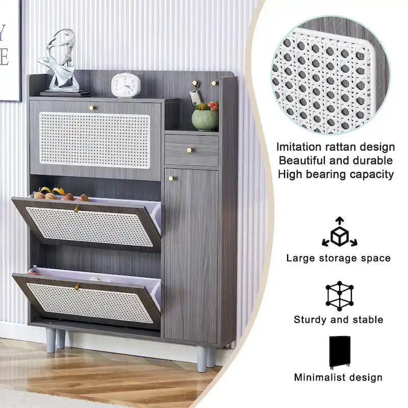 Meuble de rangement à chaussures avec portes en rotin et étagères réglables, étagère à chaussures moderne dissimulée avec 3 tiroirs rabattables