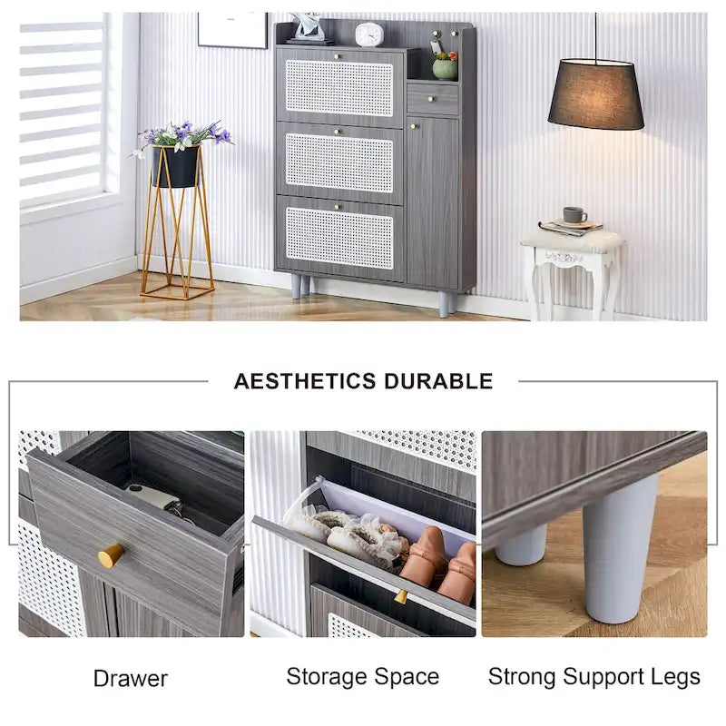 Meuble de rangement à chaussures avec portes en rotin et étagères réglables, étagère à chaussures moderne dissimulée avec 3 tiroirs rabattables