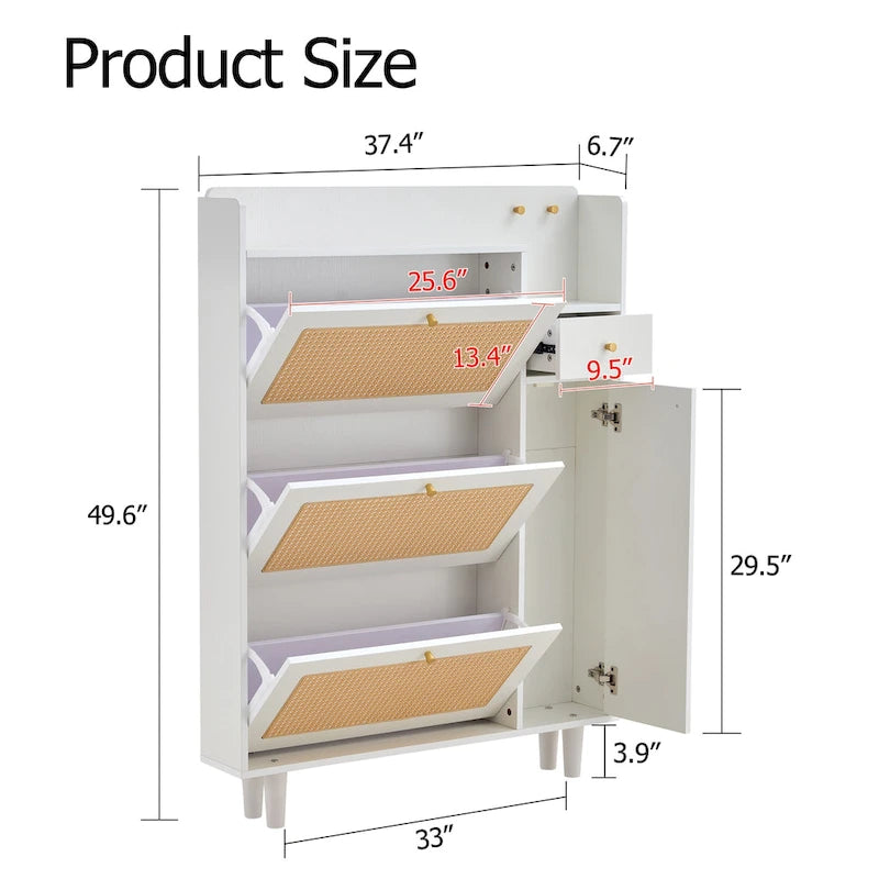 Meuble de rangement à chaussures avec portes en rotin et étagères réglables, étagère à chaussures moderne dissimulée avec 3 tiroirs rabattables