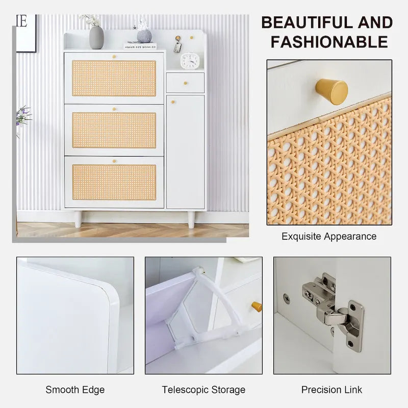 Meuble de rangement à chaussures avec portes en rotin et étagères réglables, étagère à chaussures moderne dissimulée avec 3 tiroirs rabattables