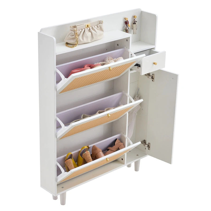 Meuble de rangement à chaussures avec portes en rotin et étagères réglables, étagère à chaussures moderne dissimulée avec 3 tiroirs rabattables