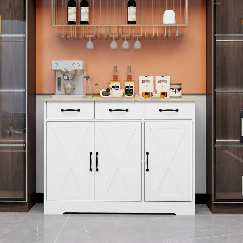 Buffet de style campagnard avec 3 tiroirs et 3 portes, idéal pour la salle à manger, le salon ou la cuisine - Blanc