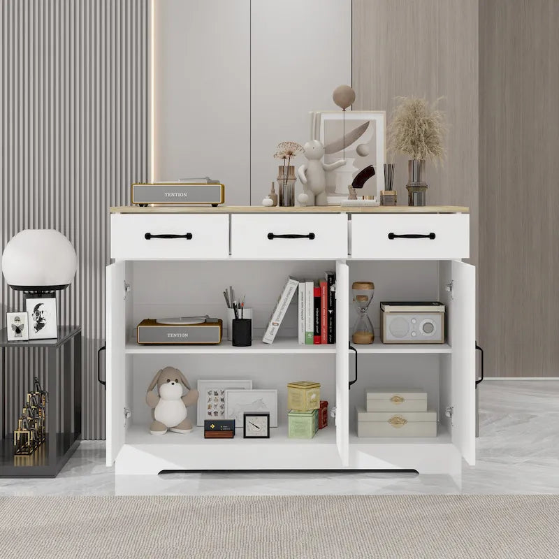 Buffet de style campagnard avec 3 tiroirs et 3 portes, idéal pour la salle à manger, le salon ou la cuisine - Blanc