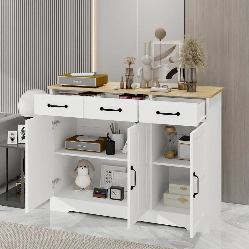 Buffet de style campagnard avec 3 tiroirs et 3 portes, idéal pour la salle à manger, le salon ou la cuisine - Blanc