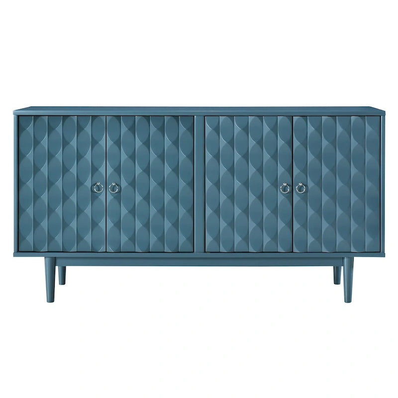 Buffet moderne à 4 portes avec portes à motif convexe et 2 poignées argentées pour salon, salle à manger, cuisine (noir)