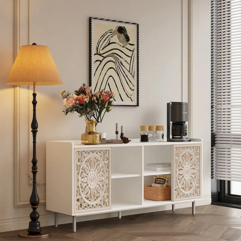 Meuble de salon style milieu du siècle, meuble TV, rangement de cuisine, buffet vitrine blanc, adapté aux meubles TV