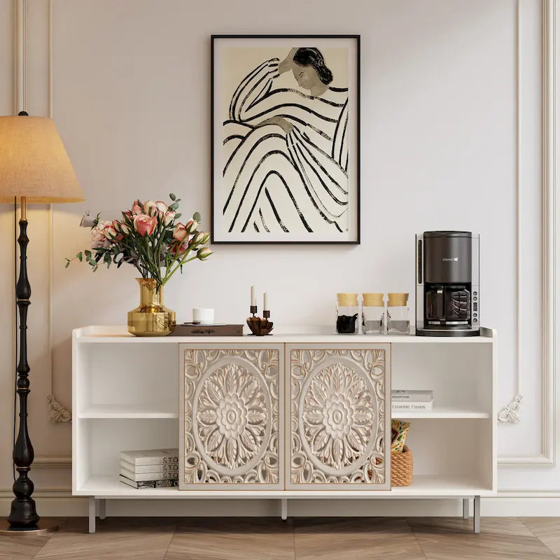 Meuble de salon style milieu du siècle, meuble TV, rangement de cuisine, buffet vitrine blanc, adapté aux meubles TV