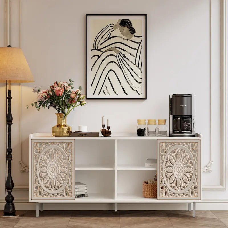 Meuble de salon style milieu du siècle, meuble TV, rangement de cuisine, buffet vitrine blanc, adapté aux meubles TV