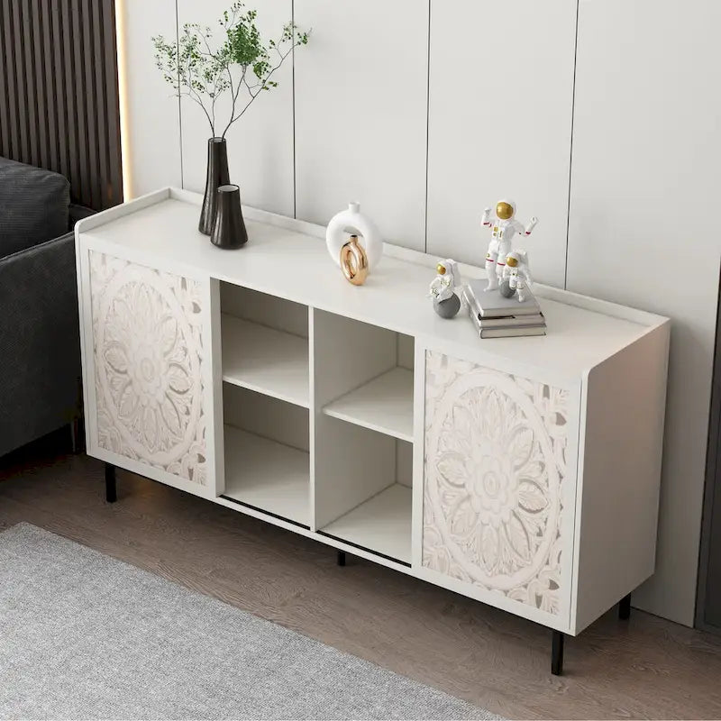 Meuble de salon style milieu du siècle, meuble TV, rangement de cuisine, buffet vitrine blanc, adapté aux meubles TV
