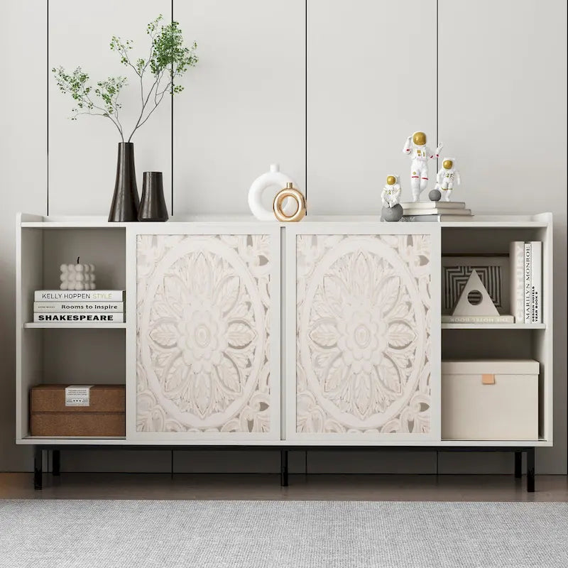 Meuble de salon style milieu du siècle, meuble TV, rangement de cuisine, buffet vitrine blanc, adapté aux meubles TV