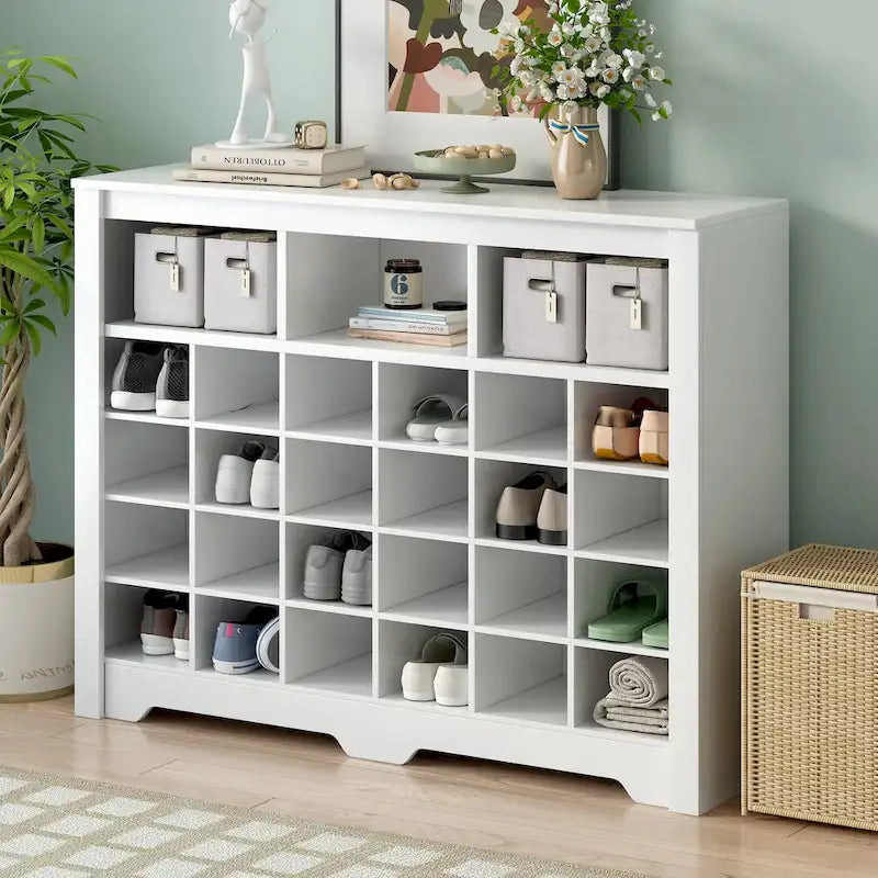 Sleek Design 24 Shoe Cubby Console, Modern Shoe Cabinet with Curved Base, Versatile Sideboard with High-quality